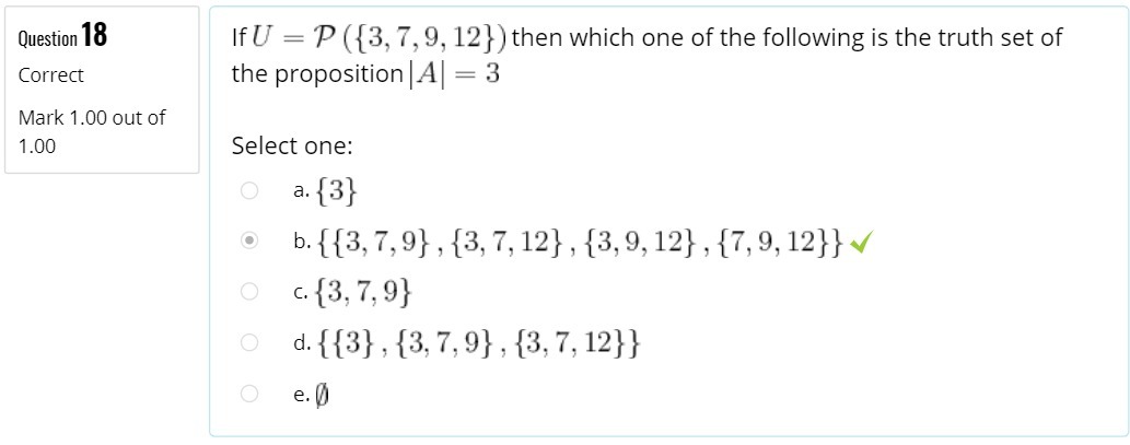 Question 18 If U = P ({3, 7, 9, 12} )
