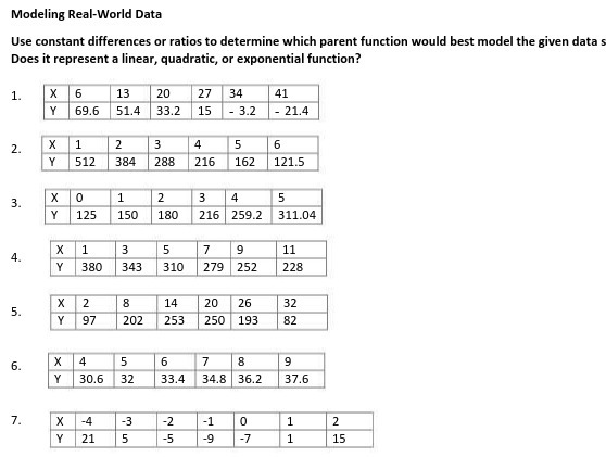  Modeling Real-World Data Use constant differences or ratios to determine which
