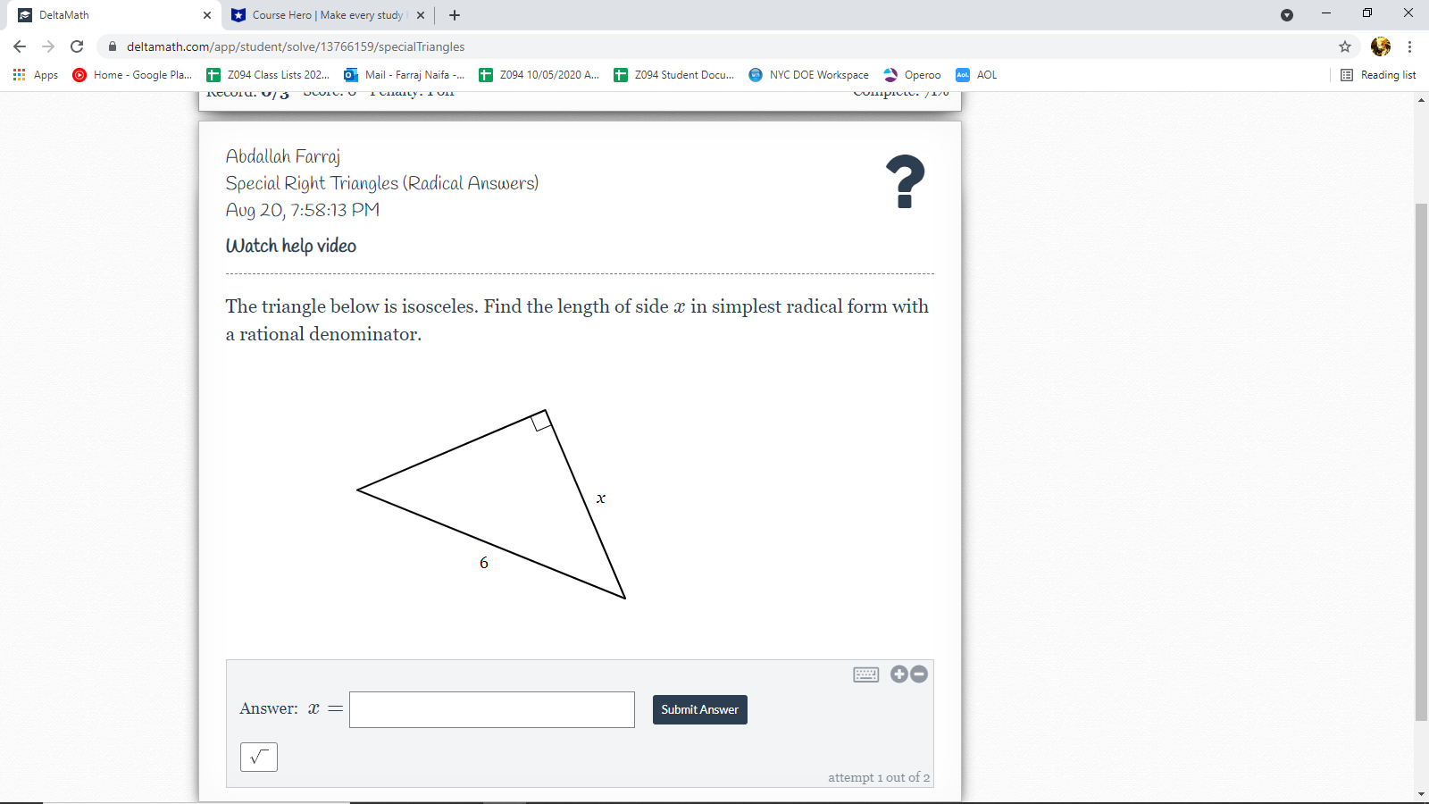  DeltaMath * *Course Hero | Make every study | x +