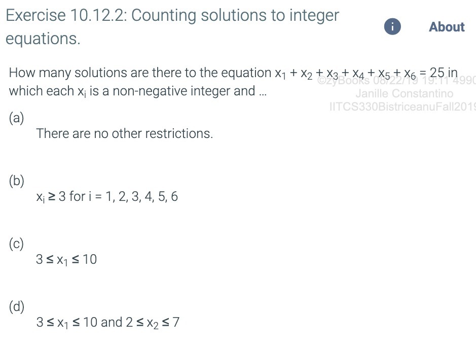  Exercise 10.12.2: Counting solutions to integer About equations. How many solutions