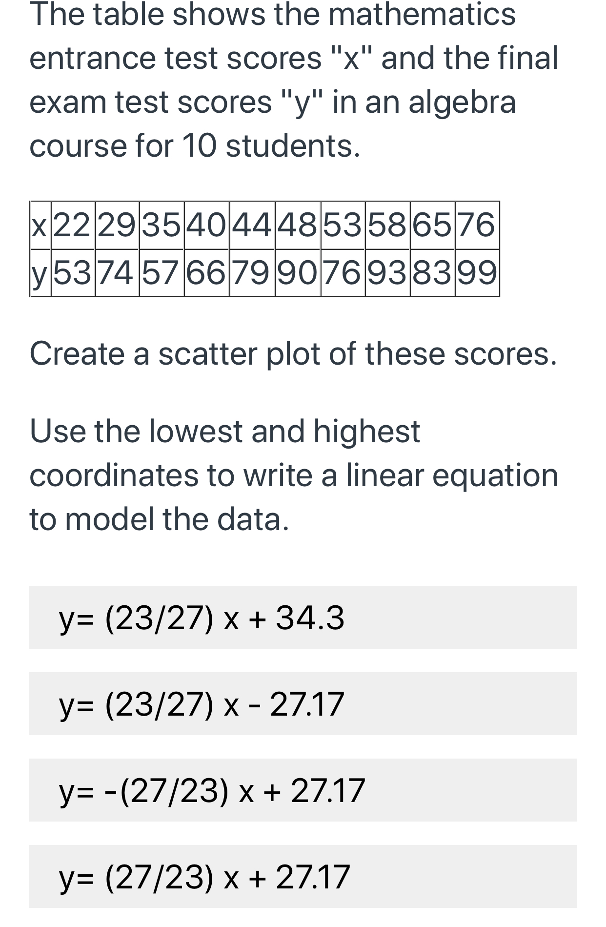 entrance test scores x and the final exam test scores y In