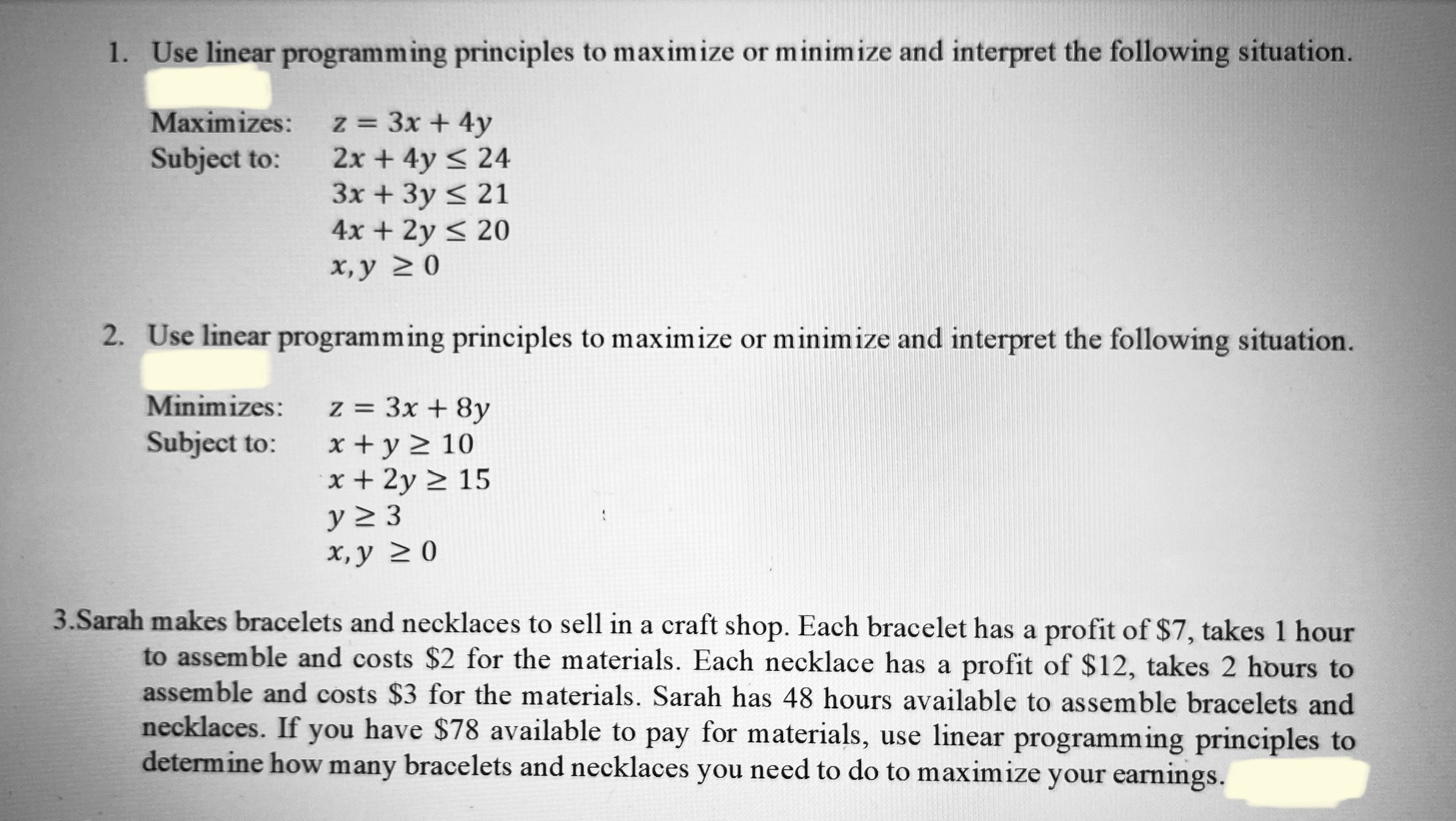 Solve maximization or minimization problems using the principles of linear programming. Interpret