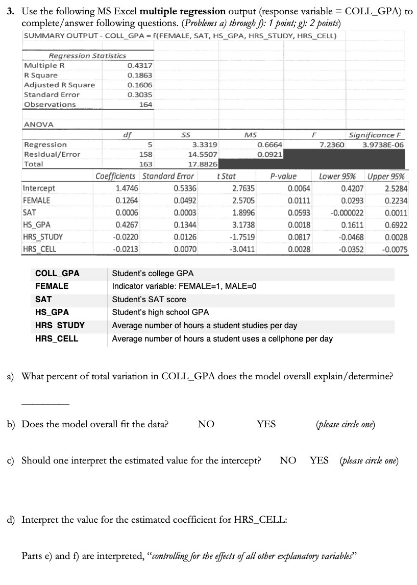 3. Use the following MS Excel multiple regression output (response variable