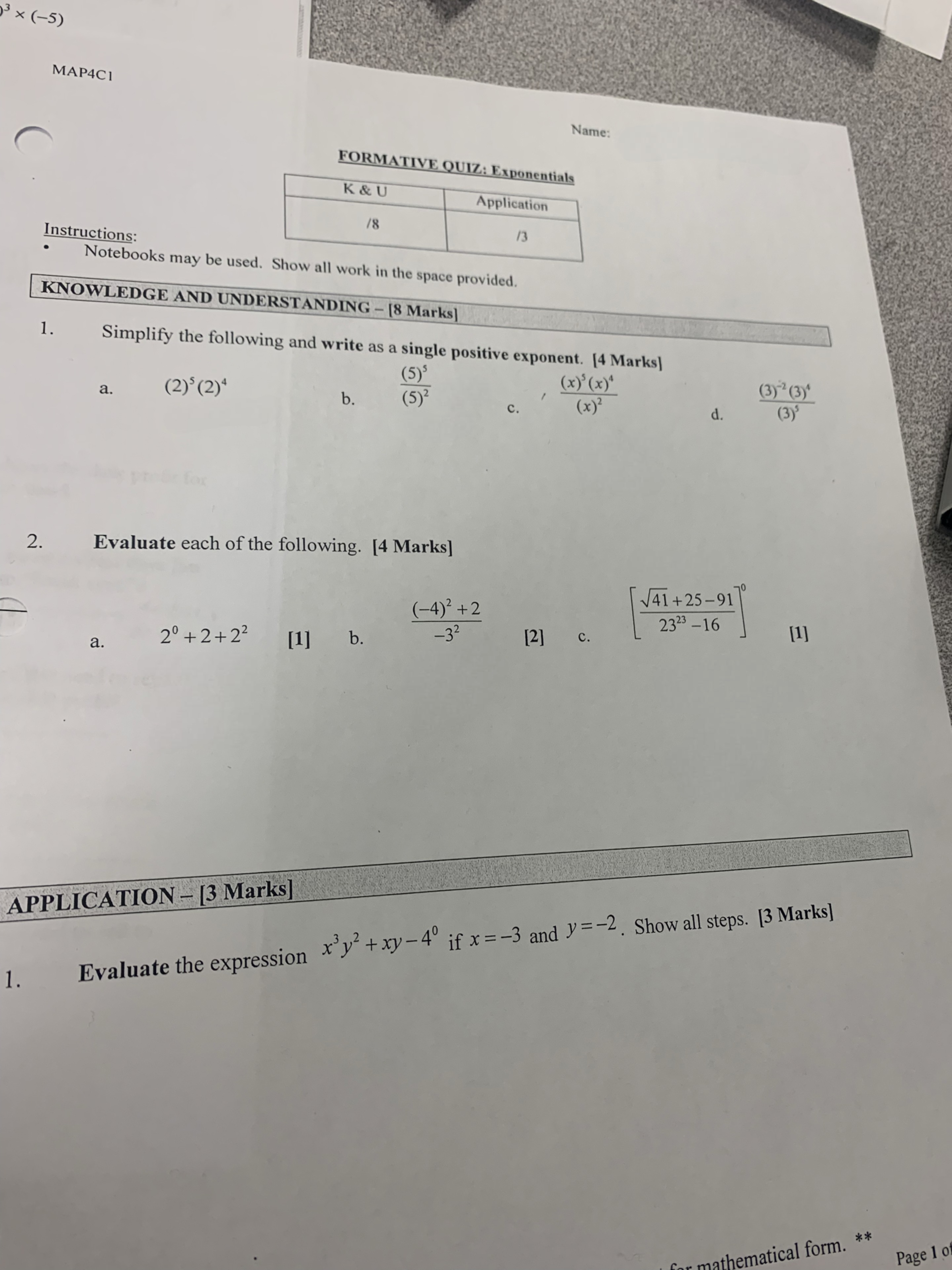 Answer Every Question with steps and explanations 3 x (-5) MAP4CI Name: