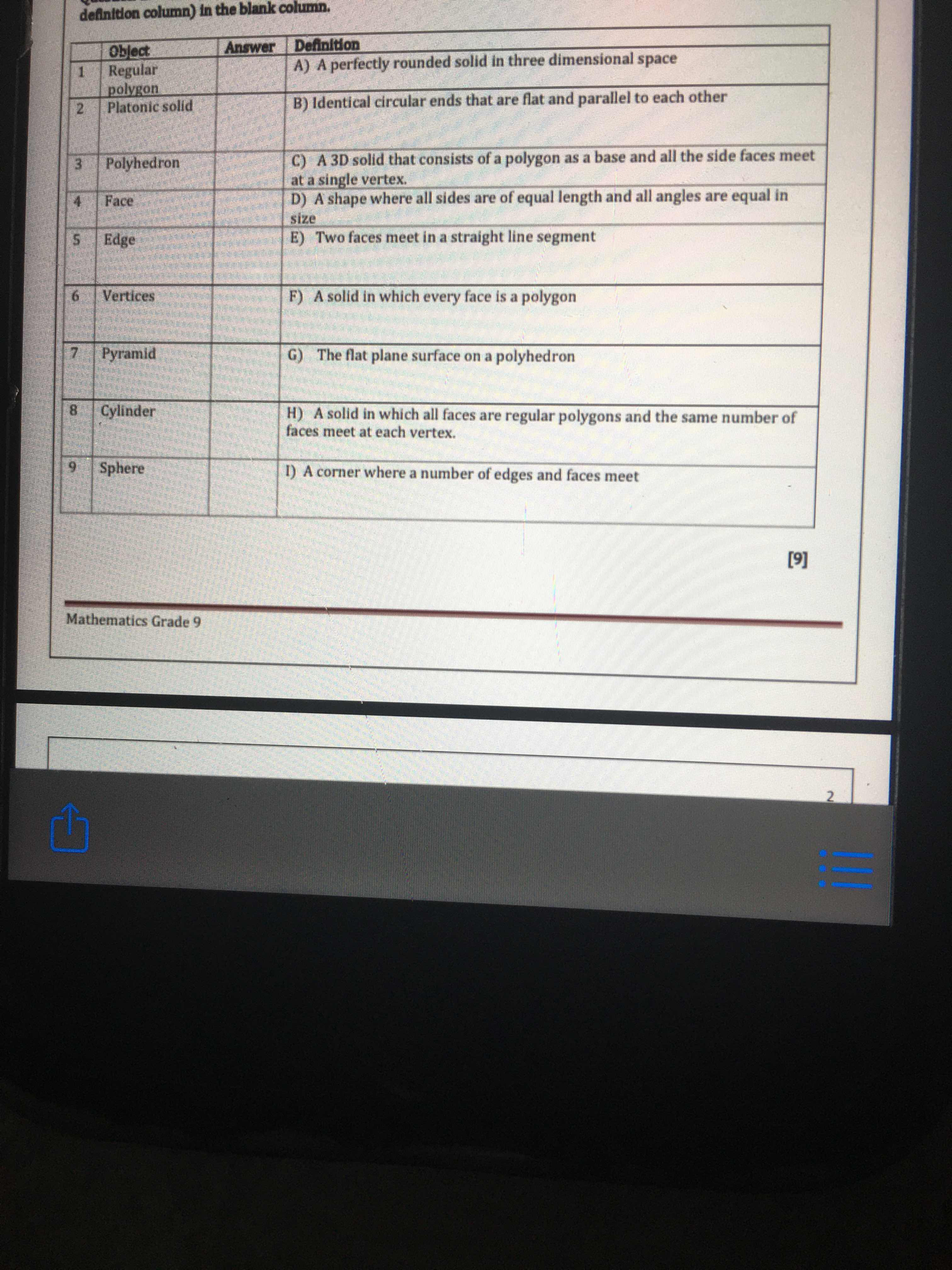  definition column) in the blank column, Object Answer | Definition Regular