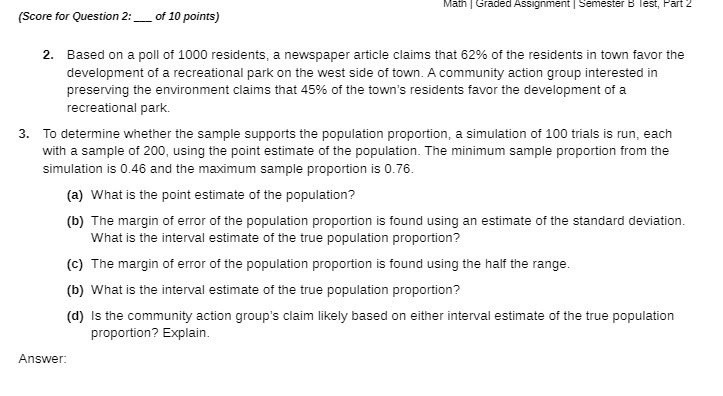  Math | Graded Assignment | Semester B Test, Part 2 (Score