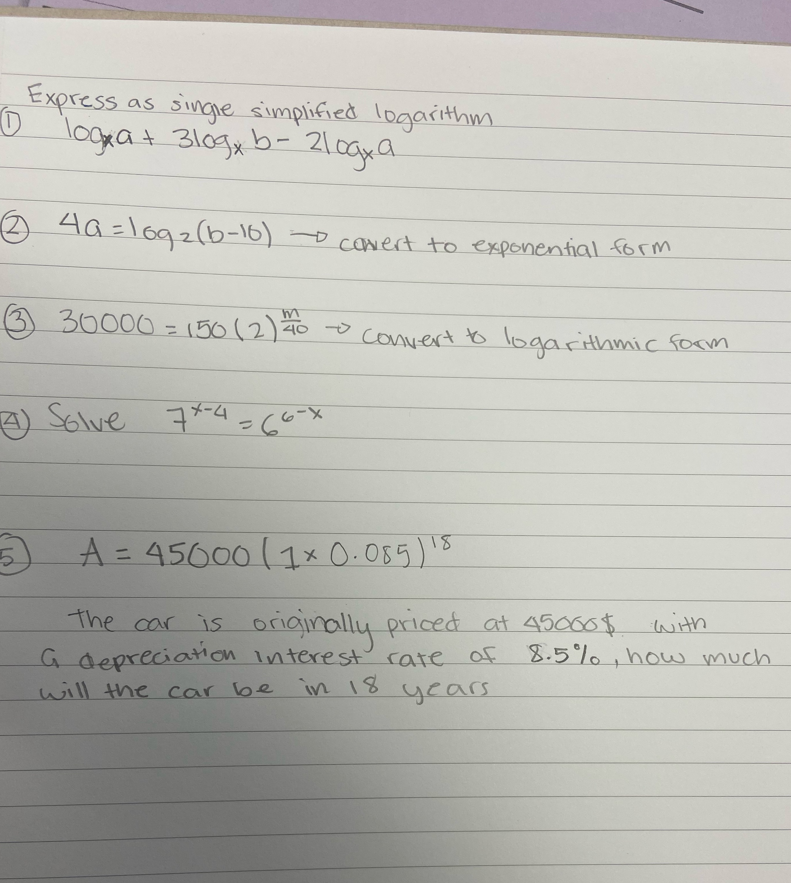 Please solve these 5 questions.Unit: Exponential and Logarithmic Functions Math 30-1 Express