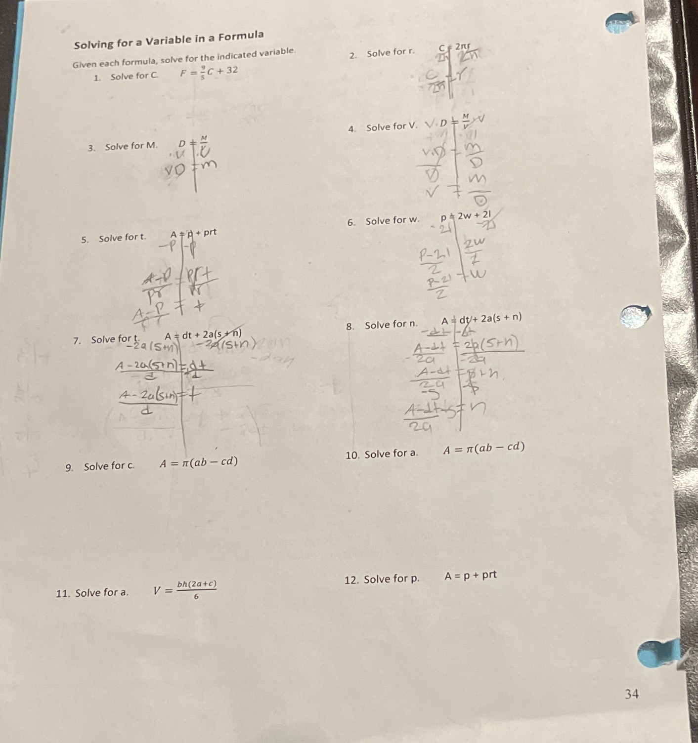 Help plz step-by-step 1,9,10,11,12 Solving for a Variable in a Formula Given