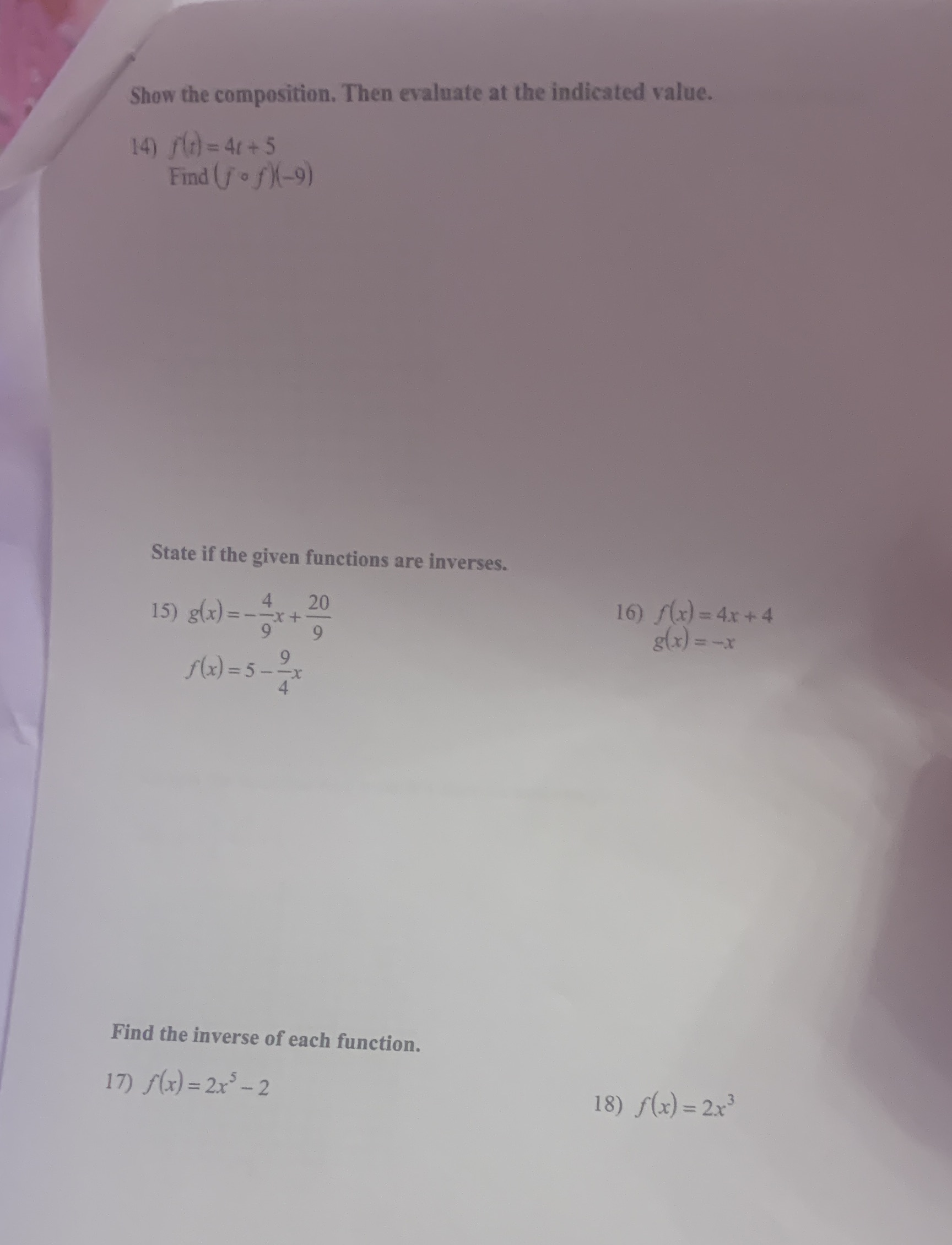 Show the composition. Then evaluate at the indicated value. 14) f(1)
