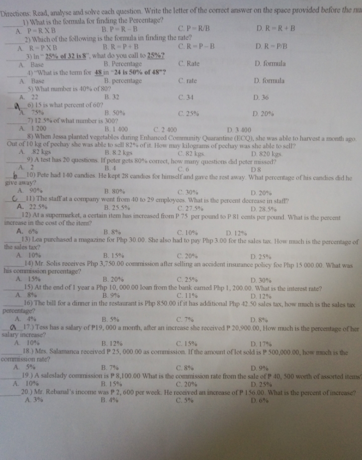 with solution Directions: Read, analyse and solve each question. Write the letter