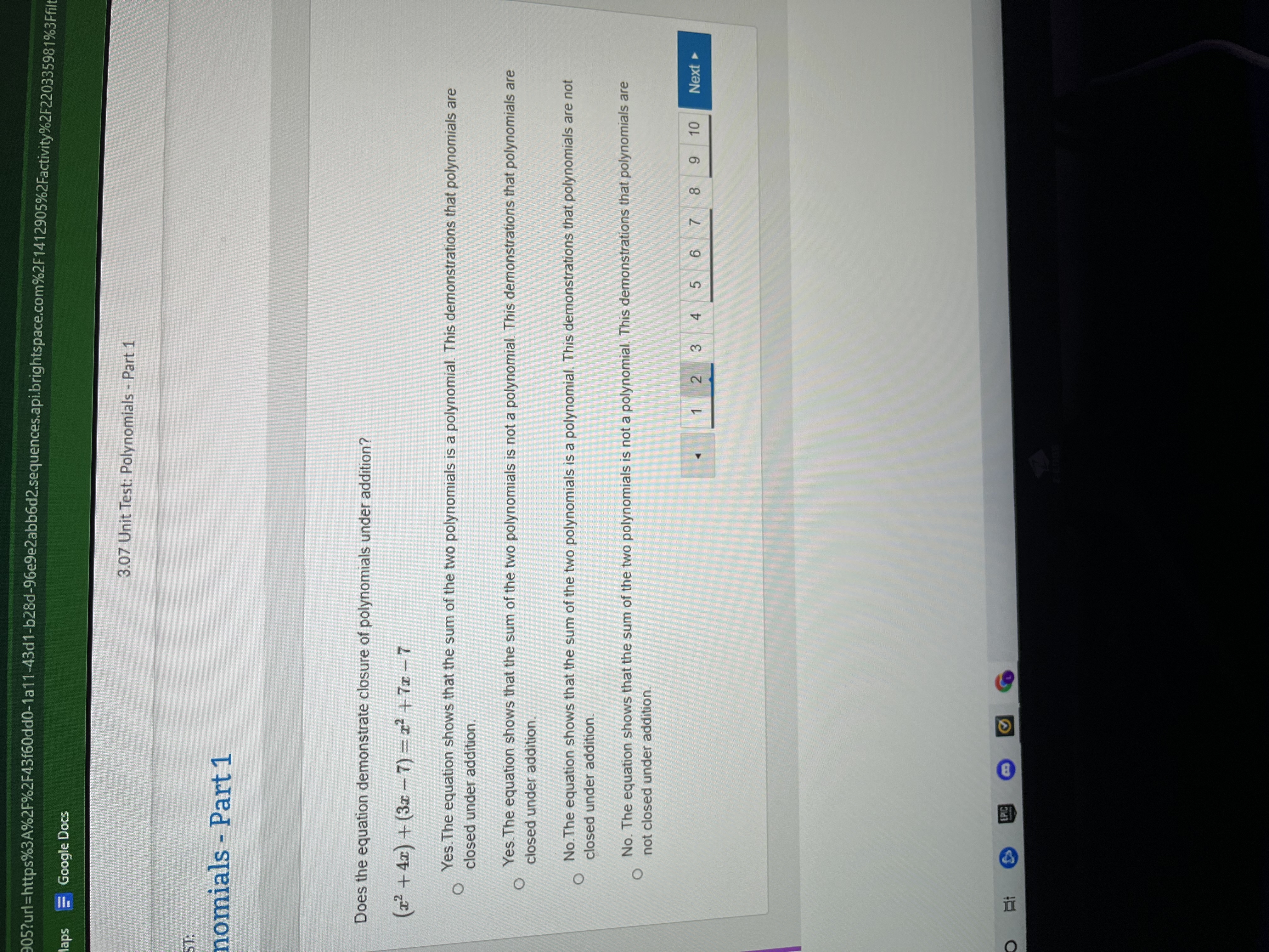 905?url=https%3A%2F%2F43f60dd0-1a11-43d1-b28d-96e9e2abb6d2.sequences.api.brightspace.com%2F1412905%2Factivity%2F220335981%3Ffi laps Google Docs 3.07 Unit Test: Polynomials - Part 1