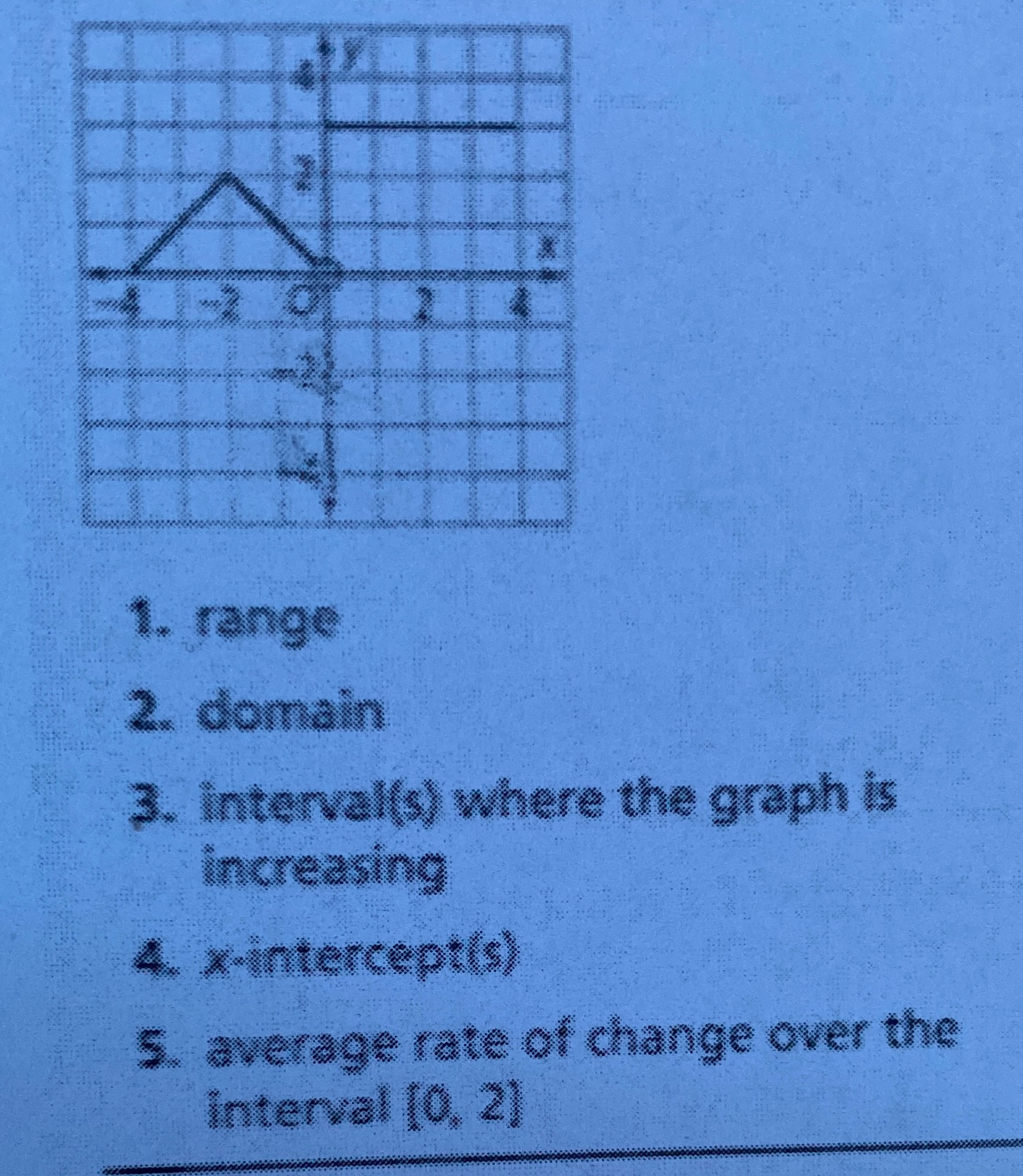  1. range 2. domain 3. Interval(s) where the graph is increasing