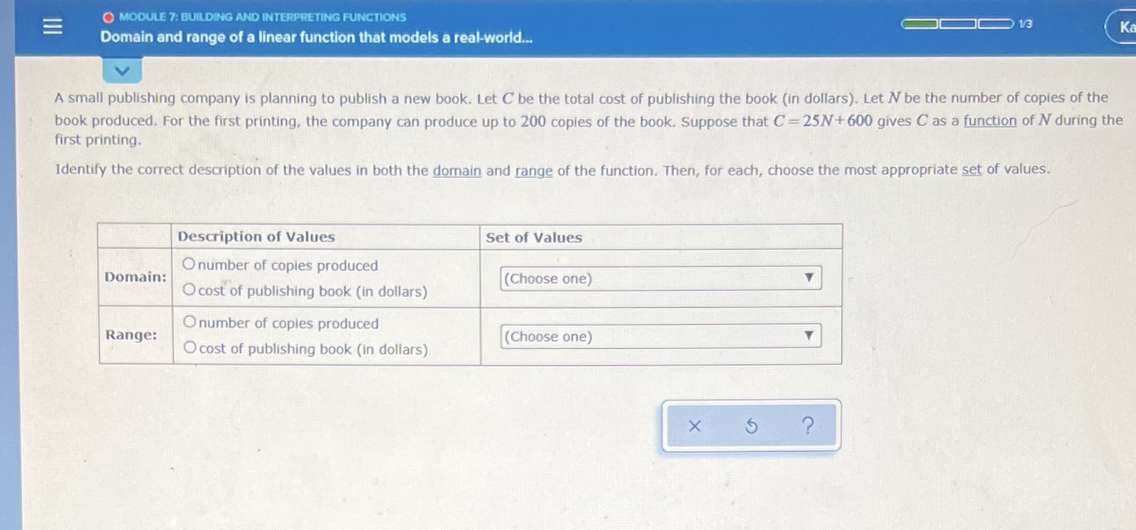 Domain and range of a linear function that modelsa real world.