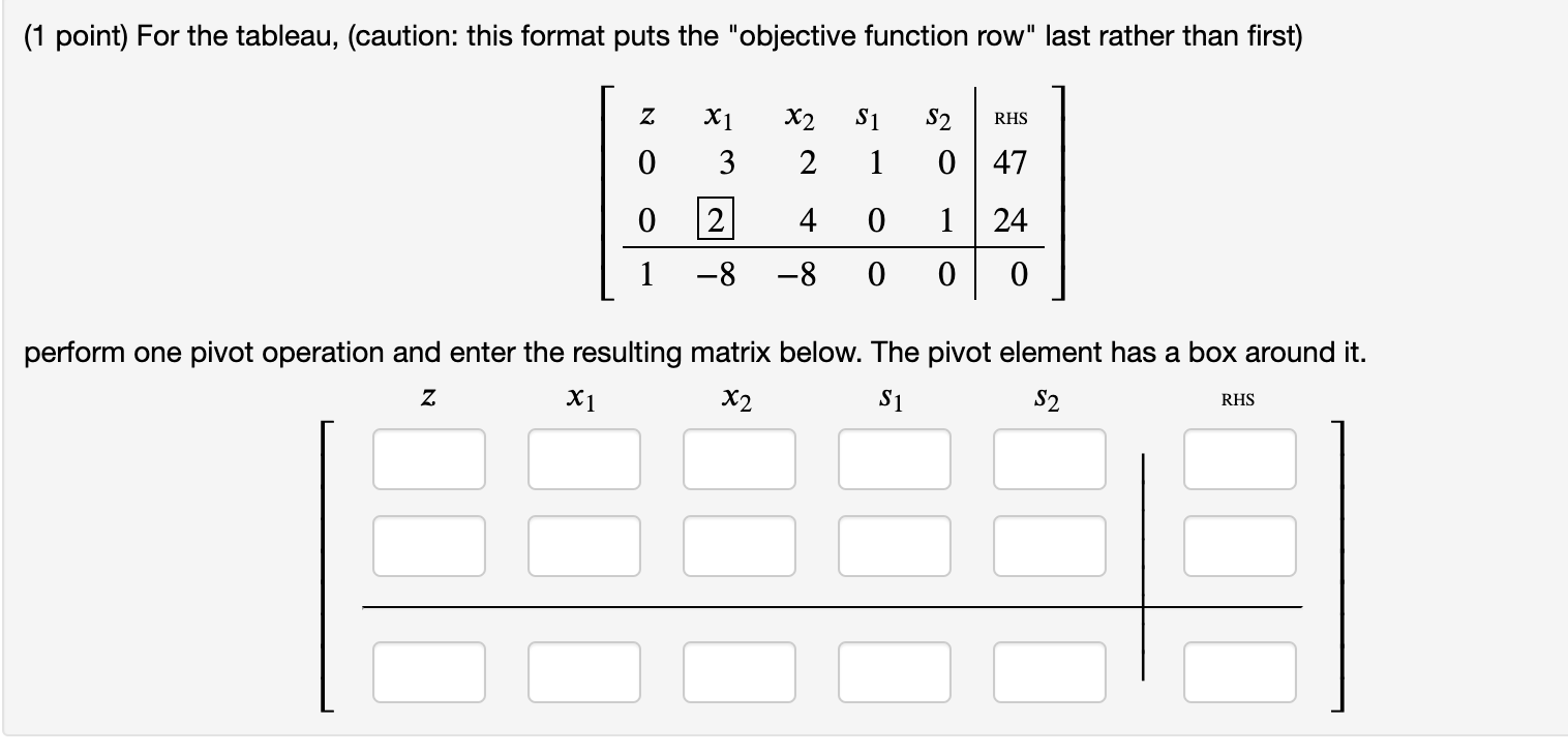 For the tableau, (caution: this format puts the "objective function row" last