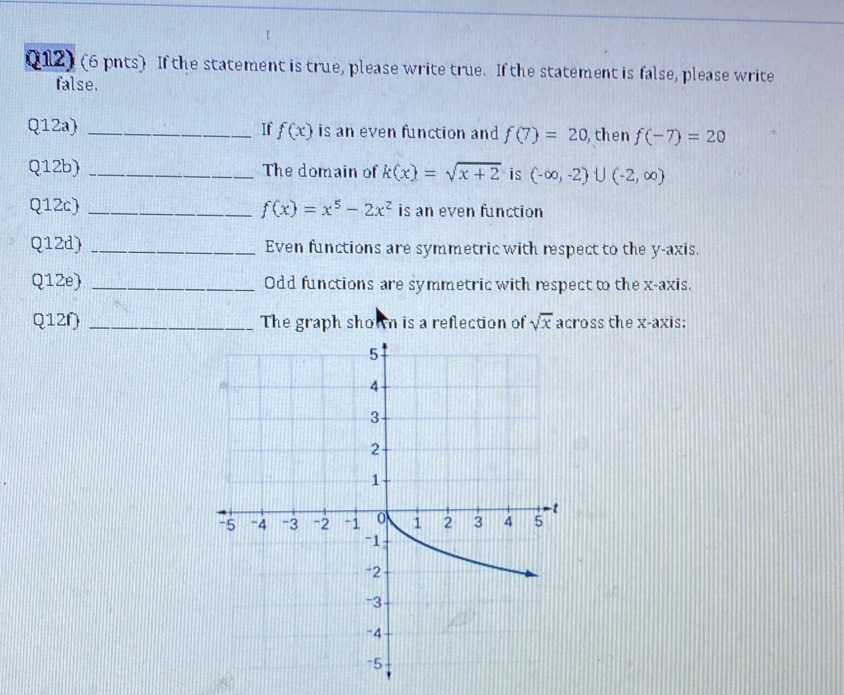  (12) (6 puts) If the statement is true, please write true.