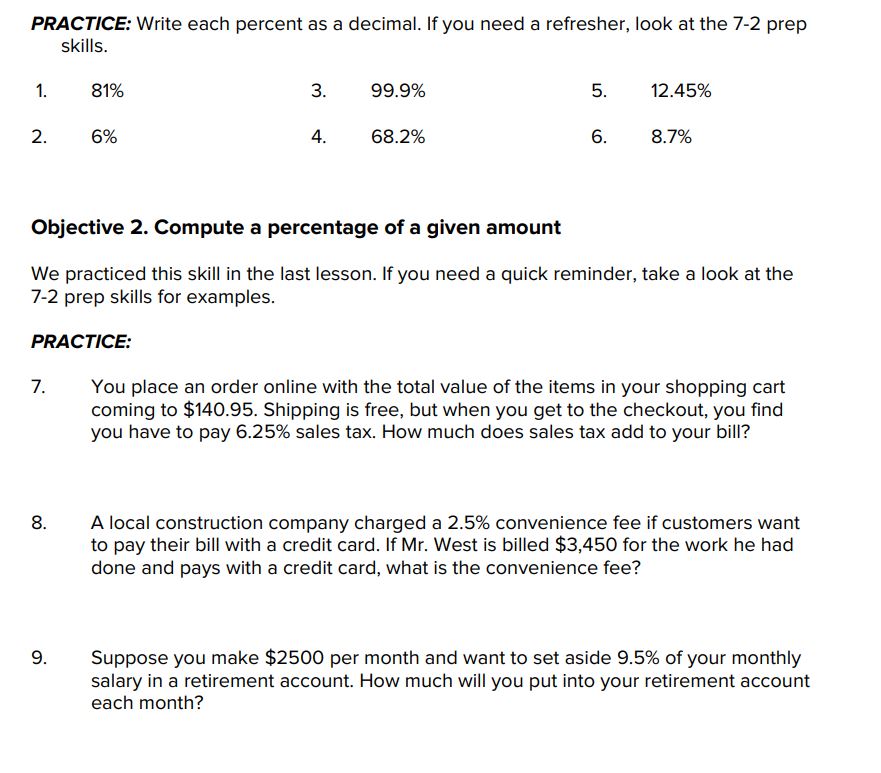 PRACTICE: Write each percent as a decimal. If you need a