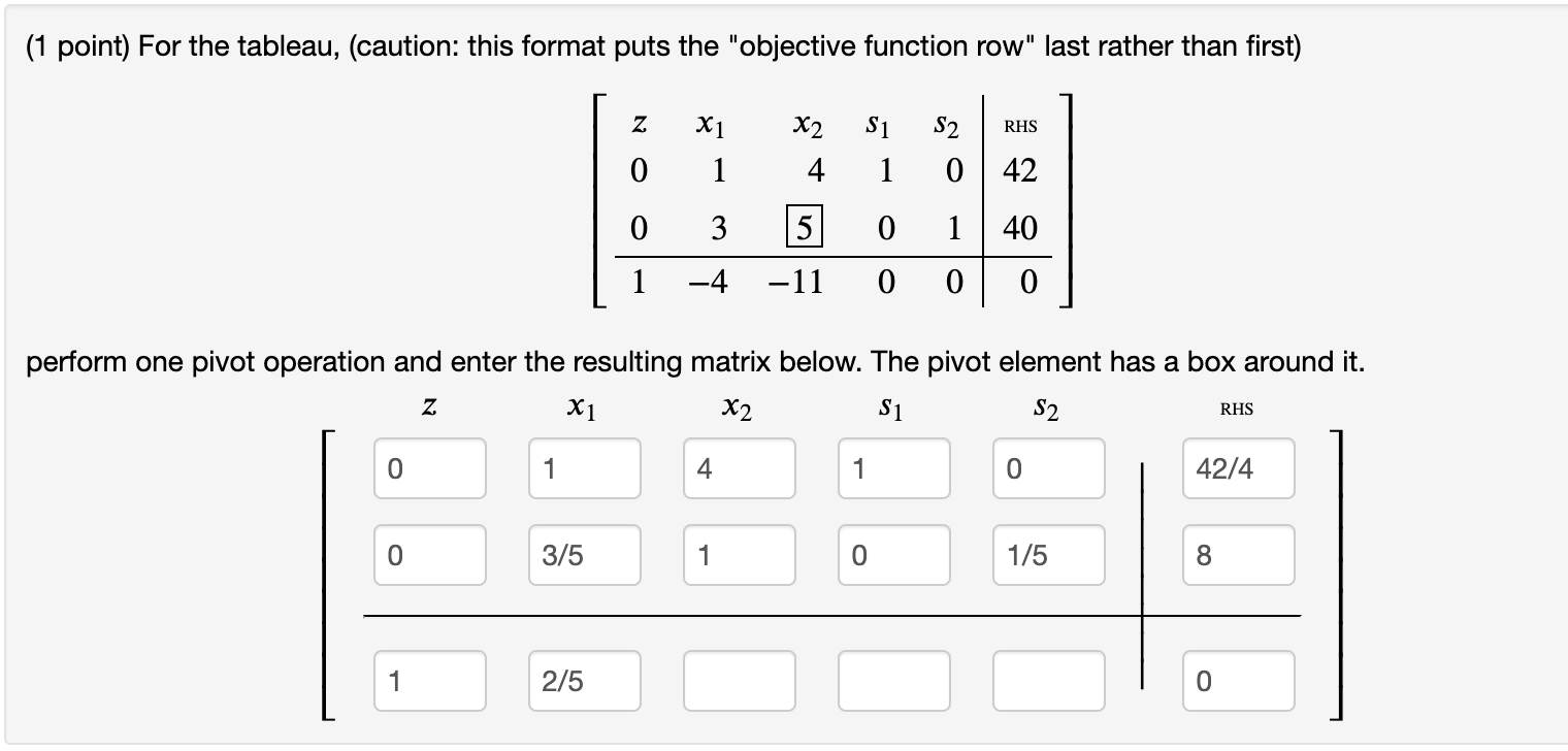 (1 point) For the tableau, (caution: this format puts the "objective function