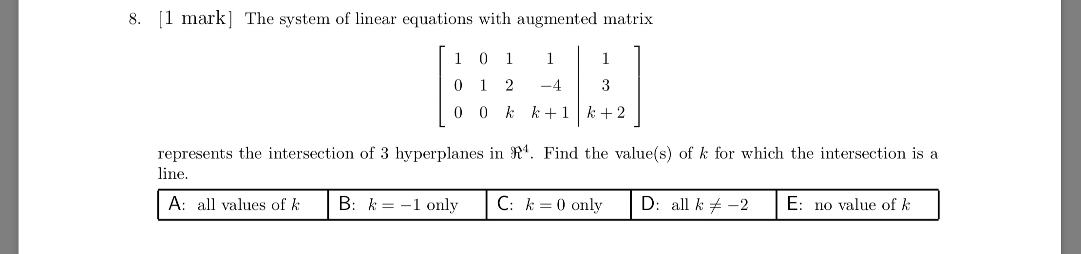 Find the value(s) of k for which the intersection is a line.
