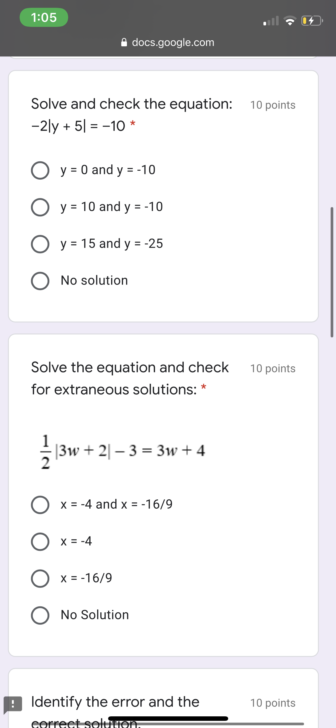  1:05 docs.google.com Solve and check the equation: 10 points -2ly +