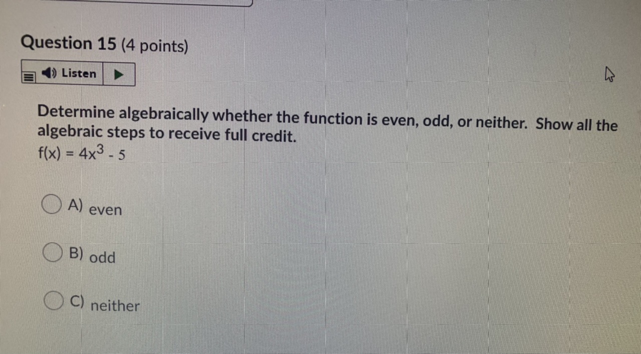  Question 15 (4 points) () Listen Determine algebraically whether the function