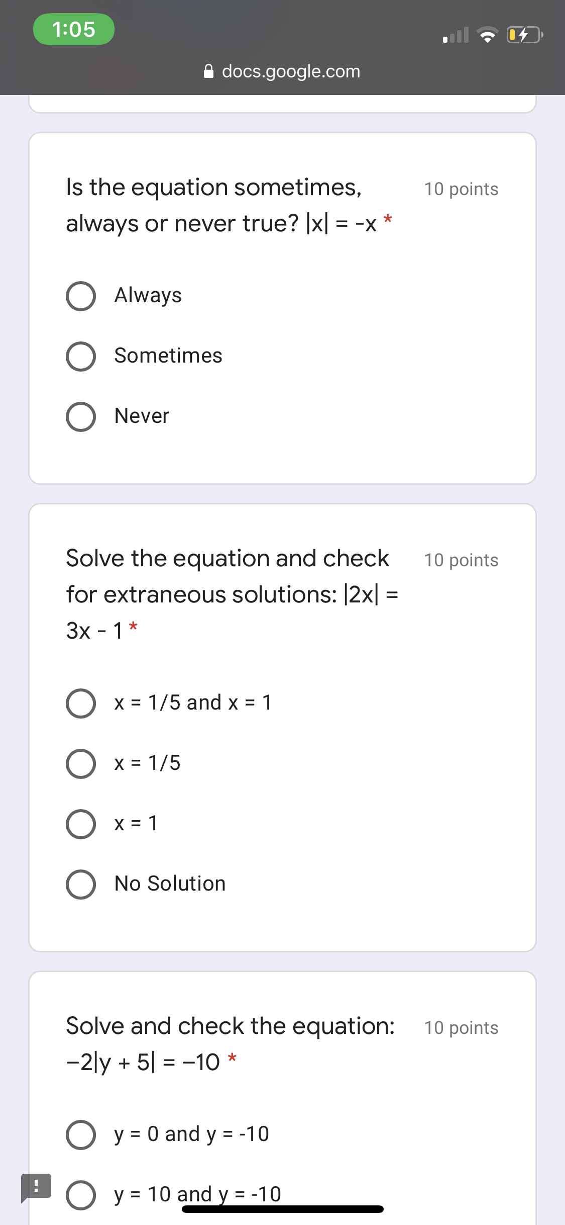 = 10 and y = -10 O y = 15 and y