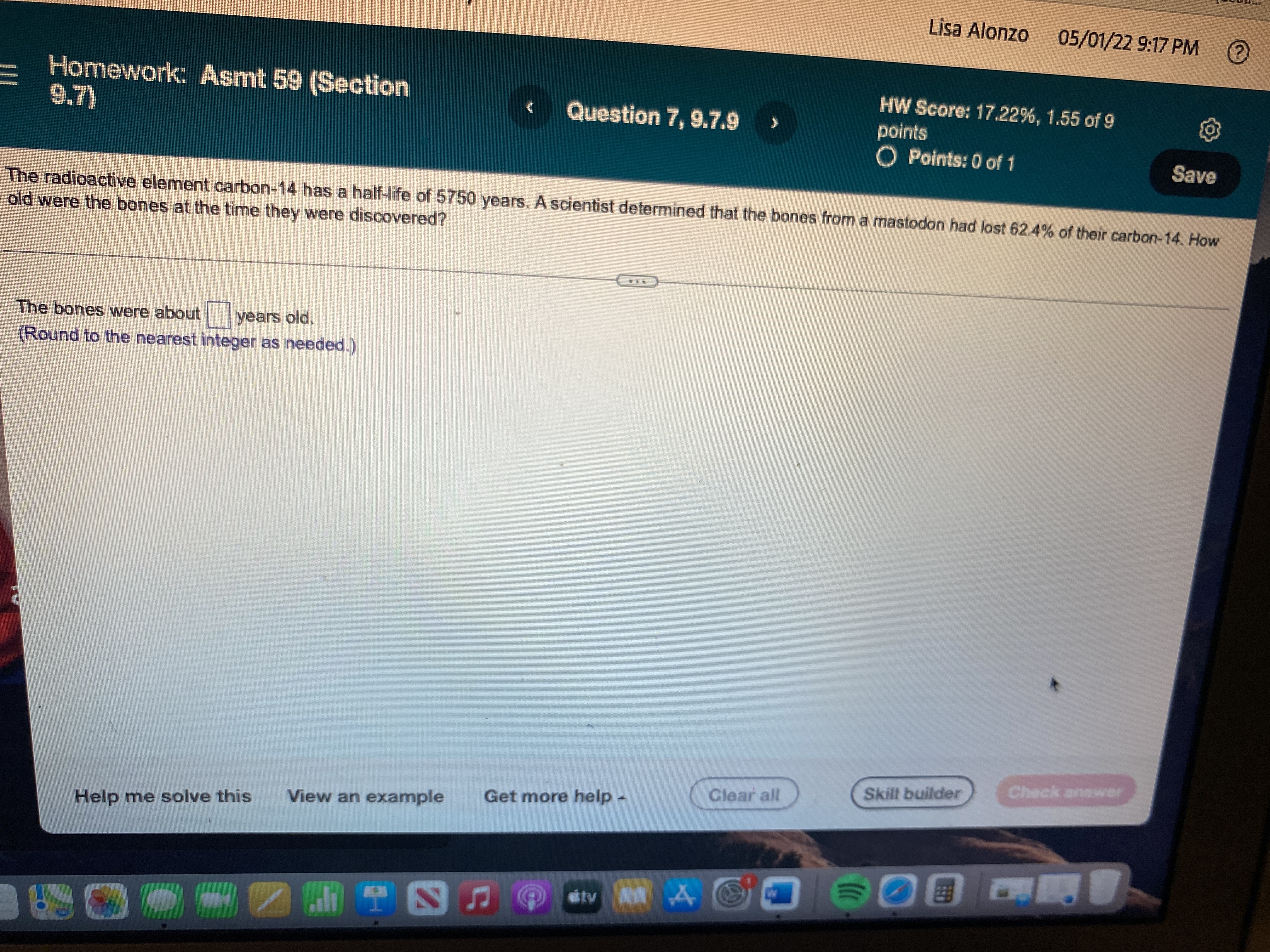Alonzo 05/01/22 9:13 PM Homework: Asmt 59 (Section Question 4, 9.7.15 HW