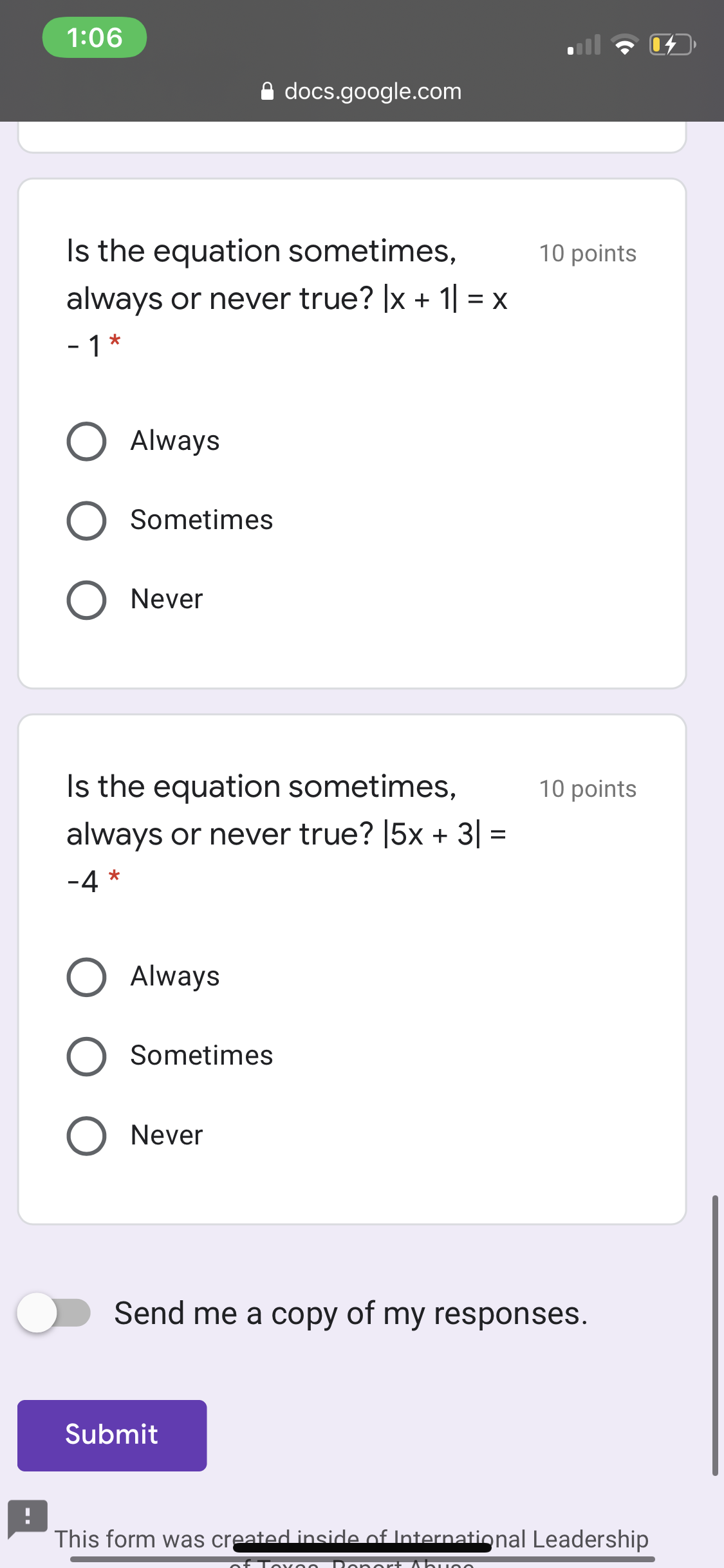 = -25 No solution Solve the equation and check 10 points for