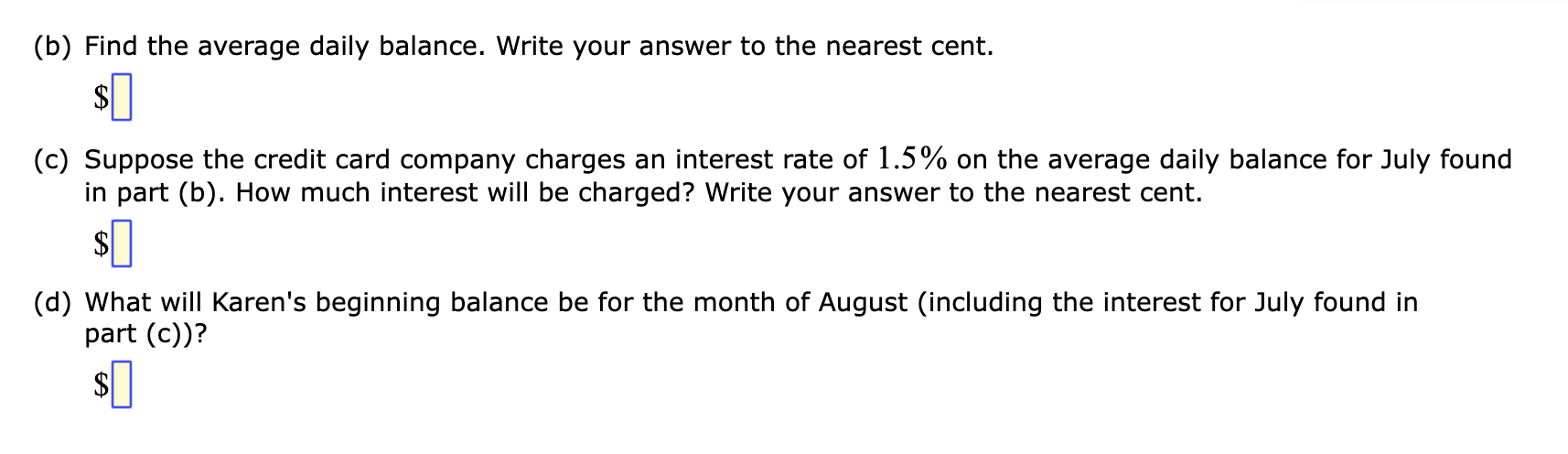  (b) Find the average daily balance. Write your answer to the