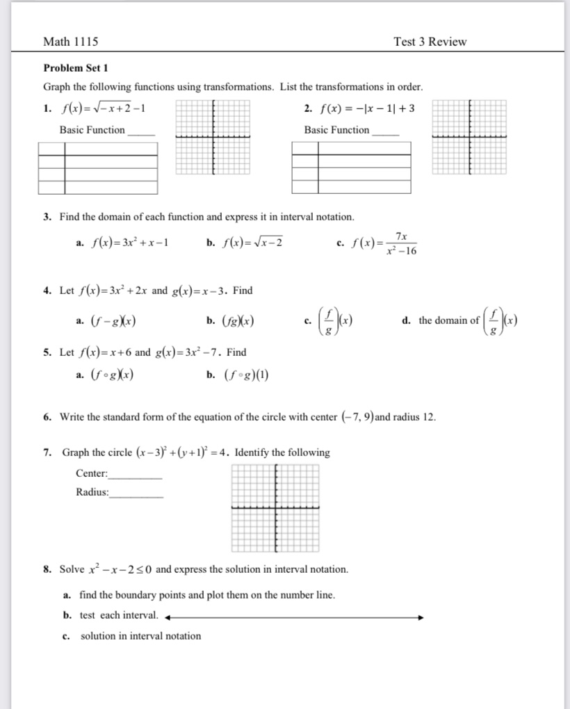  Math 1115 Test 3 Review Problem Set 1 Graph the following