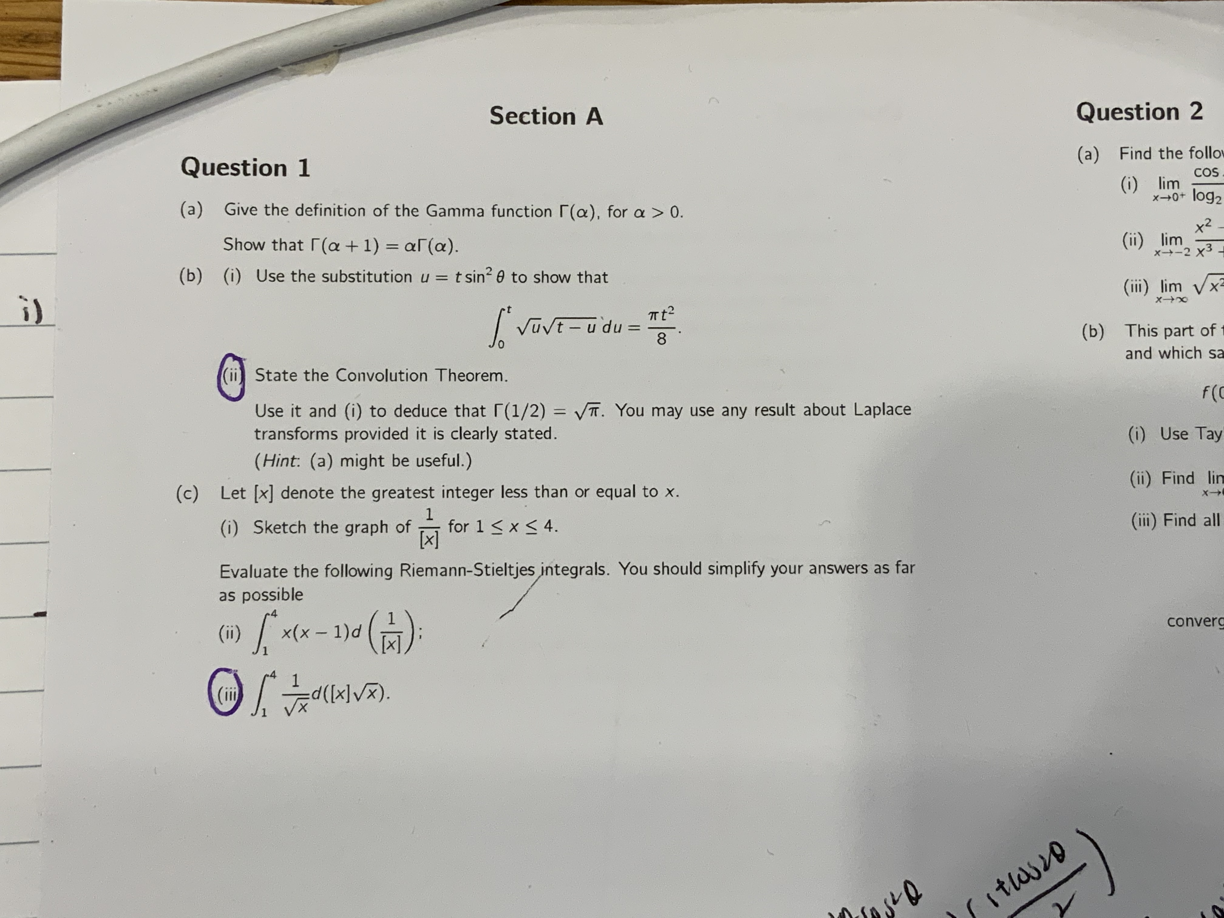 Section A Question 2 Question 1 (a) Find the follo (i)