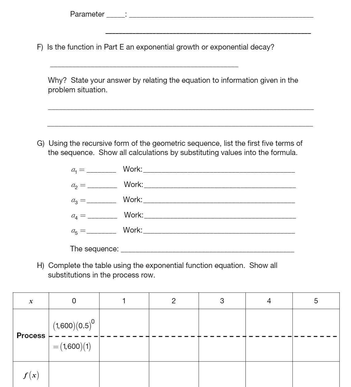  Parameter F) Is the function in Part E an exponential growth