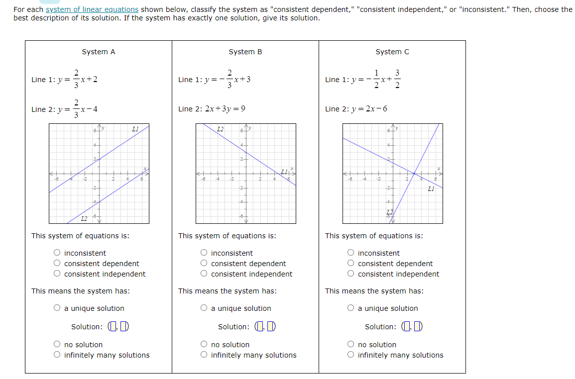 For each system of linear equations shown below, classify the system
