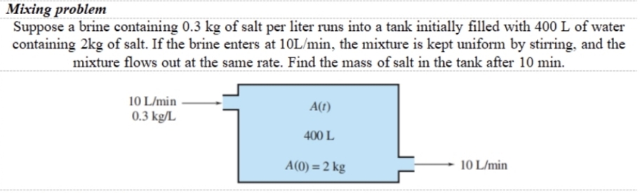 Include the solution Mixing problem Suppose a brine containing 0.3 kg of