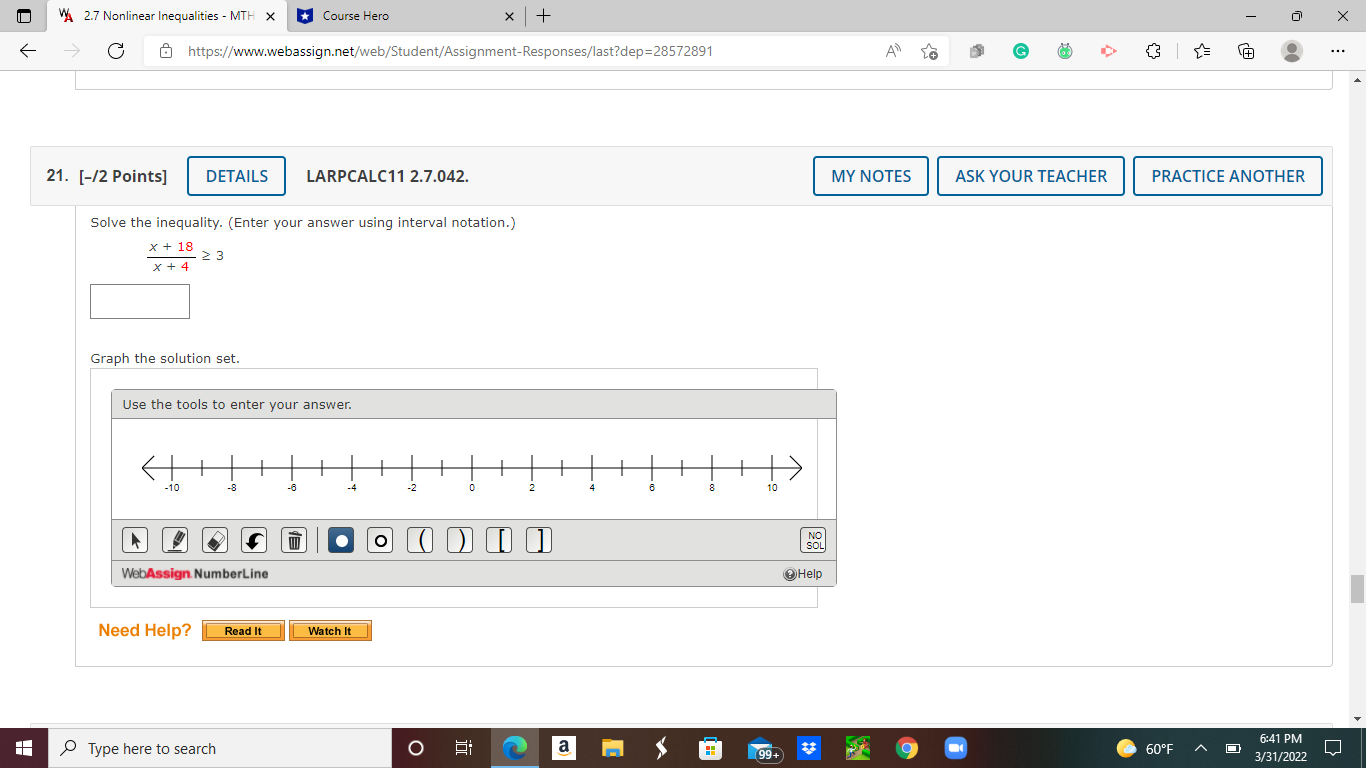 FAD 3/31/2022VA 2.7 Nonlinear Inequalities - MTH X * Course Hero X
