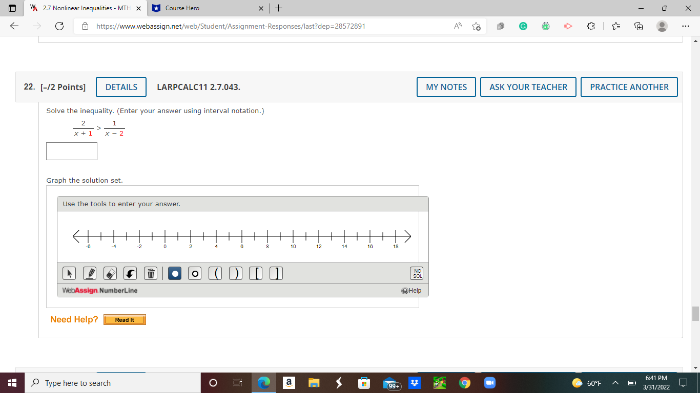 + X G https://www.webassign.net/web/Student/Assignment-Responses/last?dep=28572891 G Need Help? Read It 11. [0/2 Points]