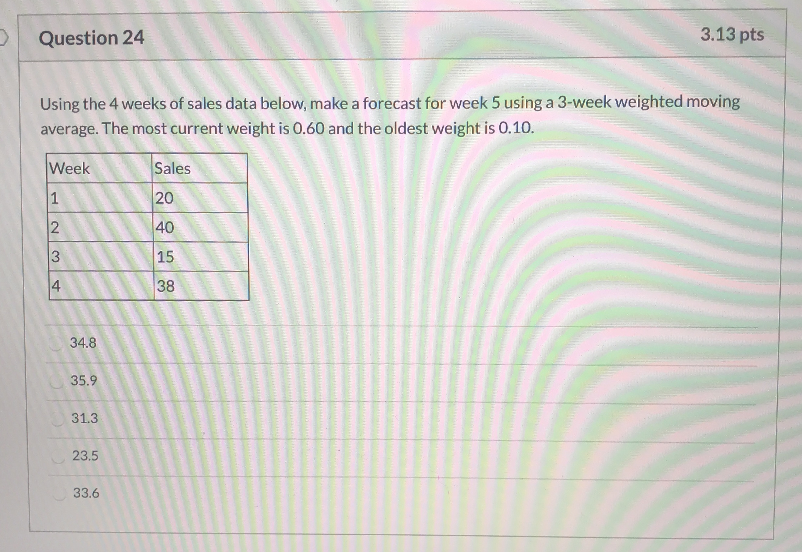 Need answer Question 24 3.13 pts Using the 4 weeks of sales