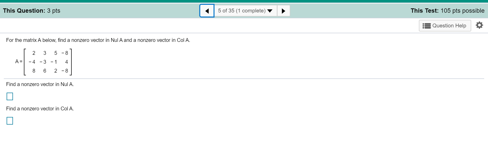for the matrix A below1. a nonzero vector in Nul A.2. a
