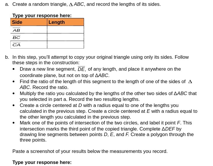  a. Create a random triangle. ABC. and record the lengths of