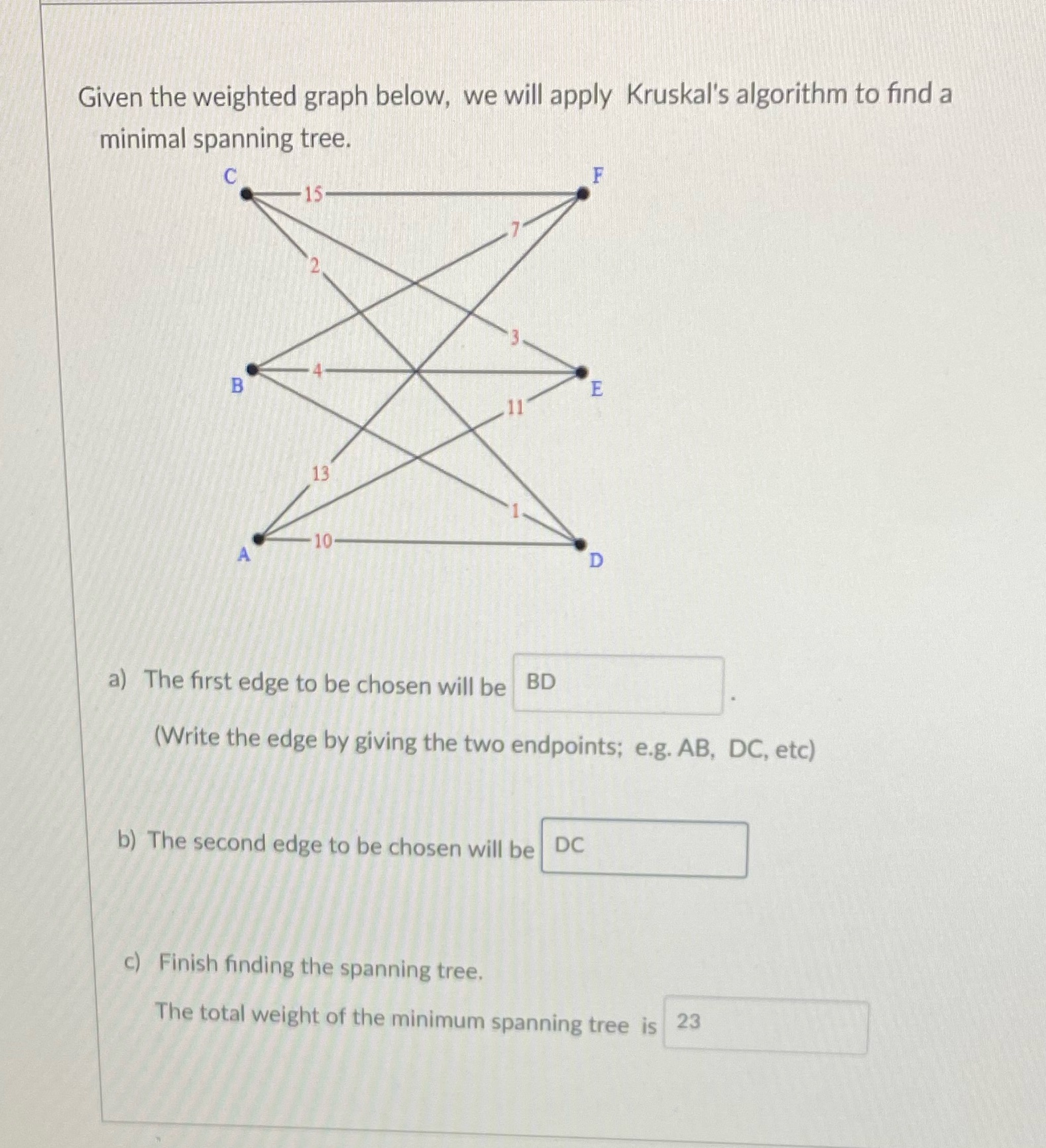  Given the weighted graph below, we will apply Kruskal's algorithm to