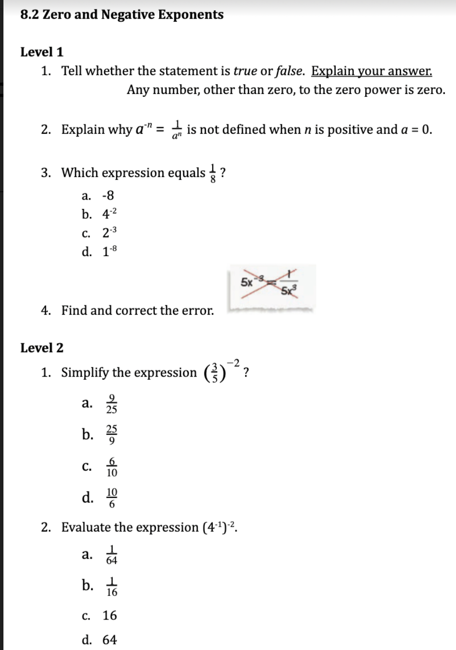 Can you please solve these? 8.2 Zero and Negative Exponents Level 1