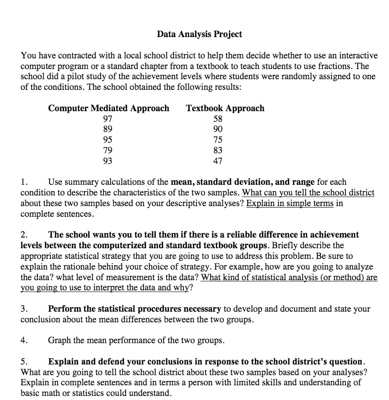  Data Analysis Project You have contracted with a local school district