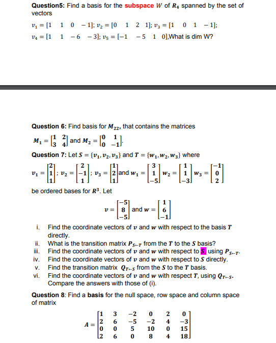 Plz solve these simple linear algebra problems Question5: Find a basis for