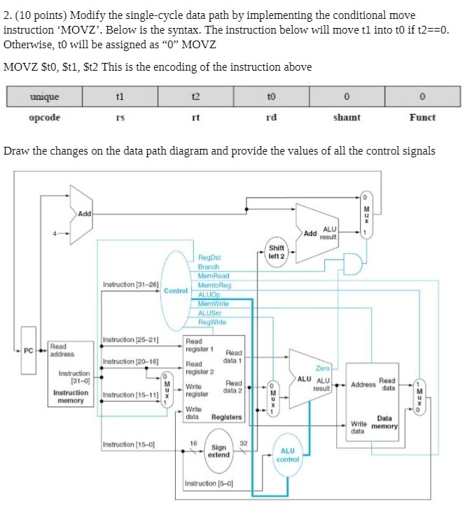  2. (10 points) Modify the single-cycle data path by implementing the