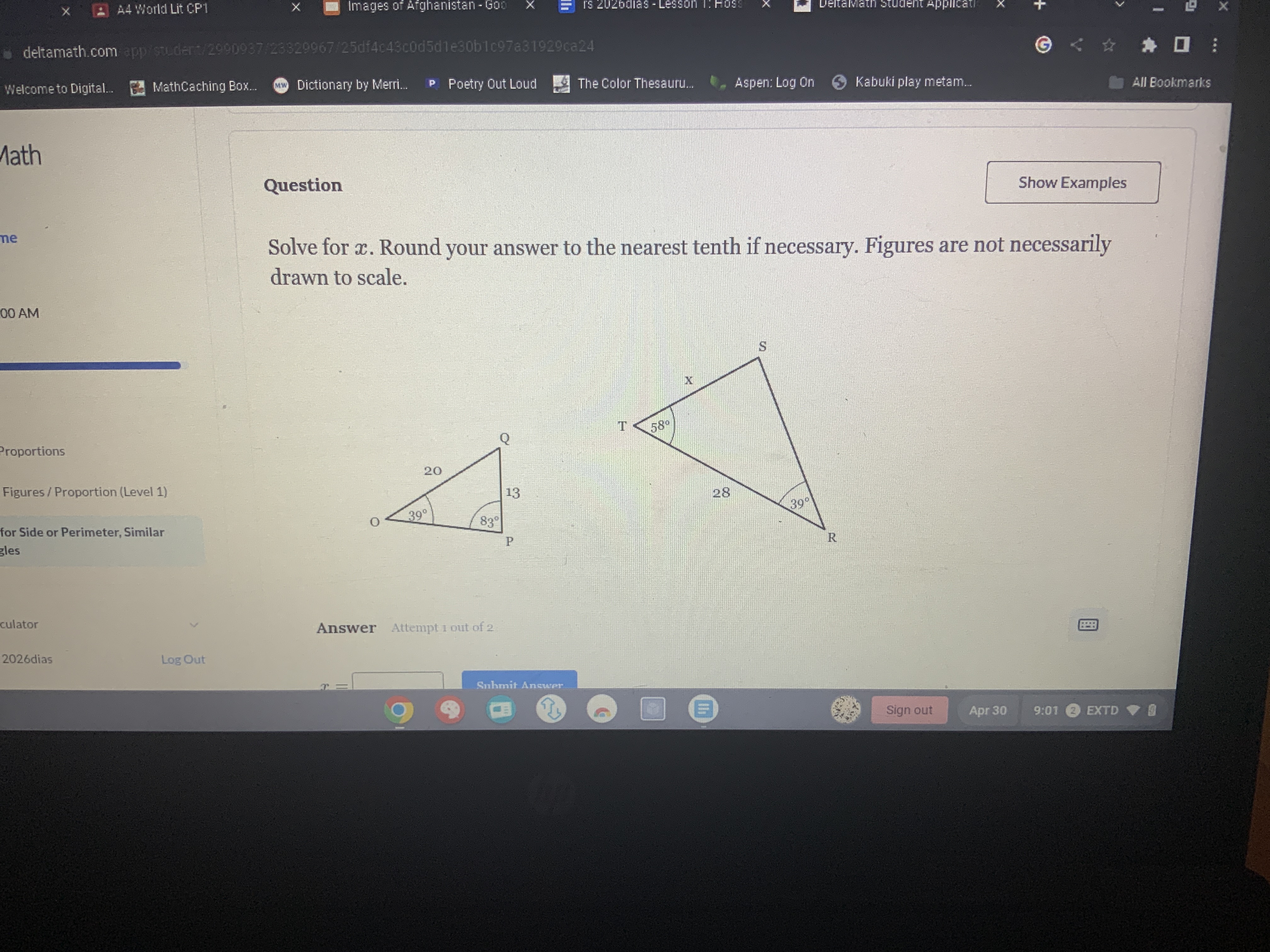 Solve for x. Round your answer to the nearest tenth if necessary.