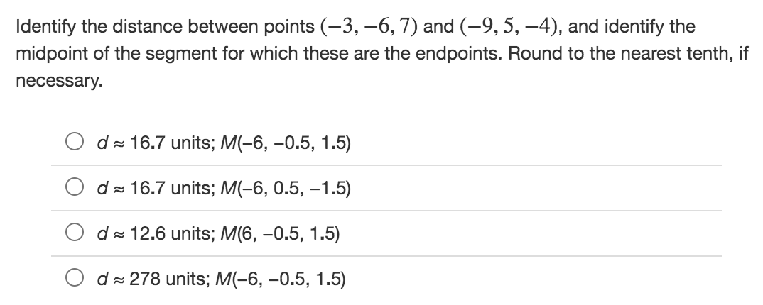  Identify the distance between points (3, 6, 7) and (9, 5,