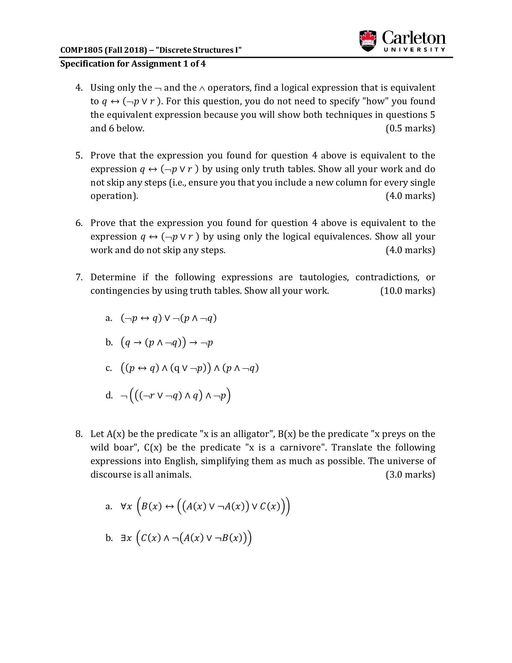 s", Carleton COMP1805 (Fall 2018] \"Discrete Structures 1" ' u N I