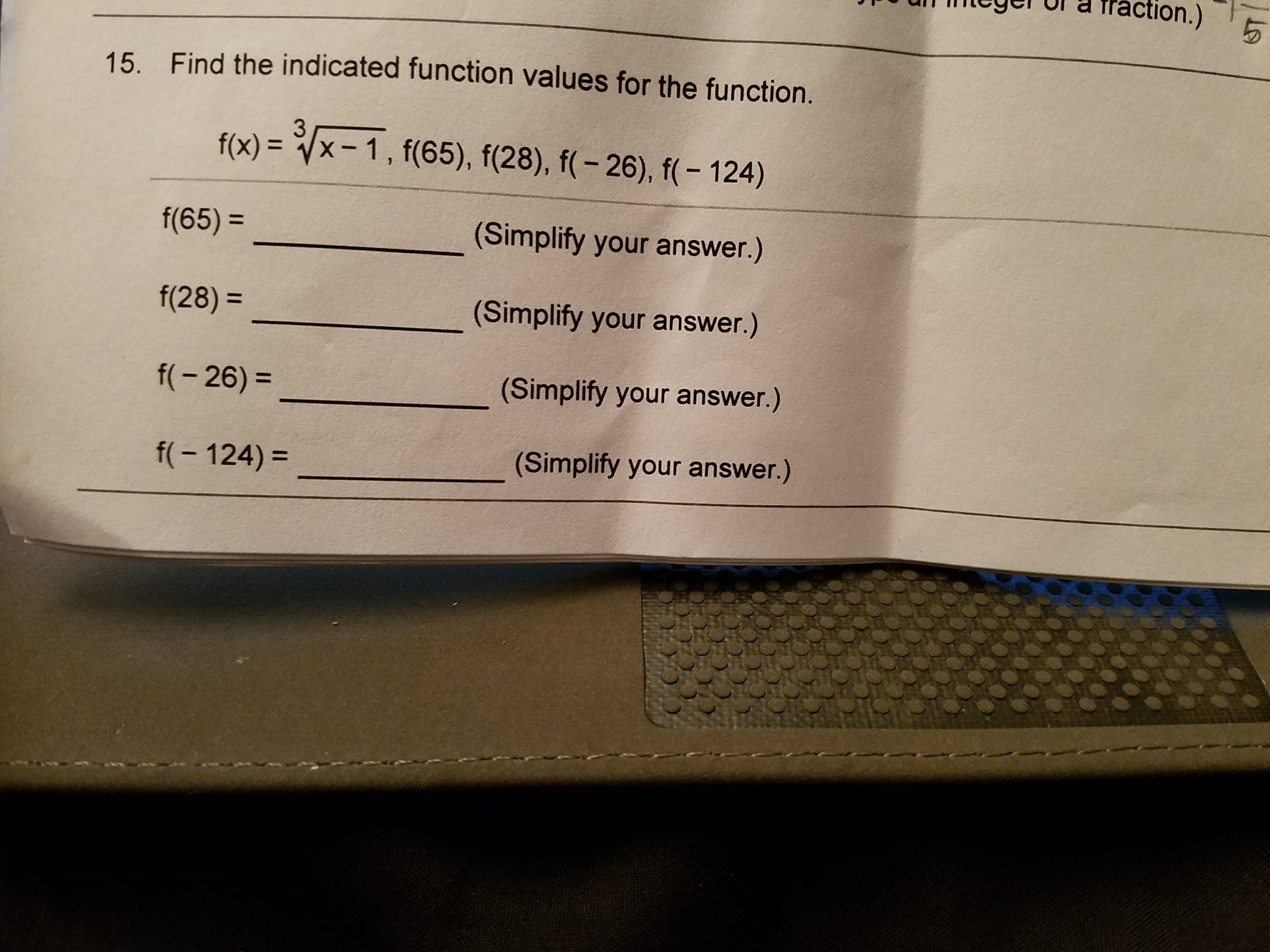 Help me to find the indicated function values for the function \f