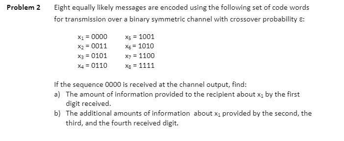 Problem 2 Eight equally likely messages are encoded using the following