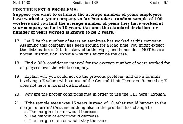 Stat 143!) Recitation 13E Section 5.1 FOR THE NEXT E PRBLEMS: