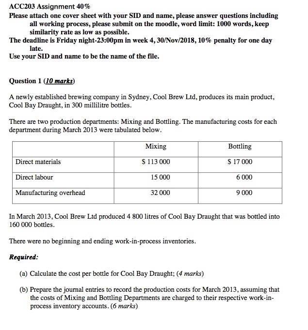 ACC203 Assignment 40% Please attach one cover sheet with your SID